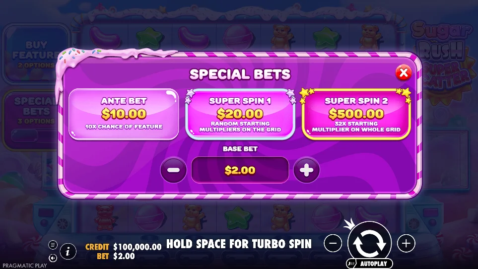 Official Super Scatter Special Bets menu: $2 base bet, $10 Ante Bet, $20 Super Spin 1 and $500 Super Spin 2 Official Super Scatter Special Bets menu: $2 base bet, $10 Ante Bet, $20 Super Spin 1 and $500 Super Spin 2